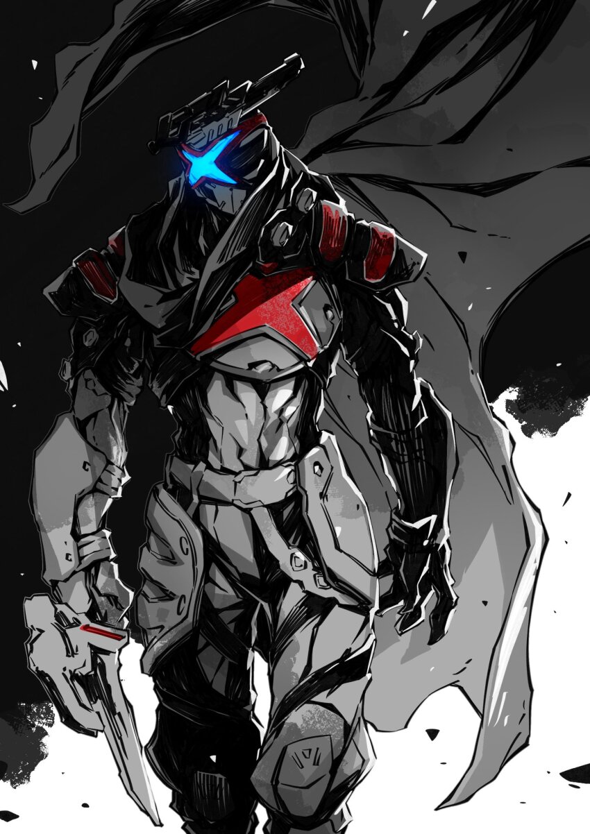 1boy, armor, blue_eyes, cowboy_shot, garyudo, highres, linnnoj, monochrome