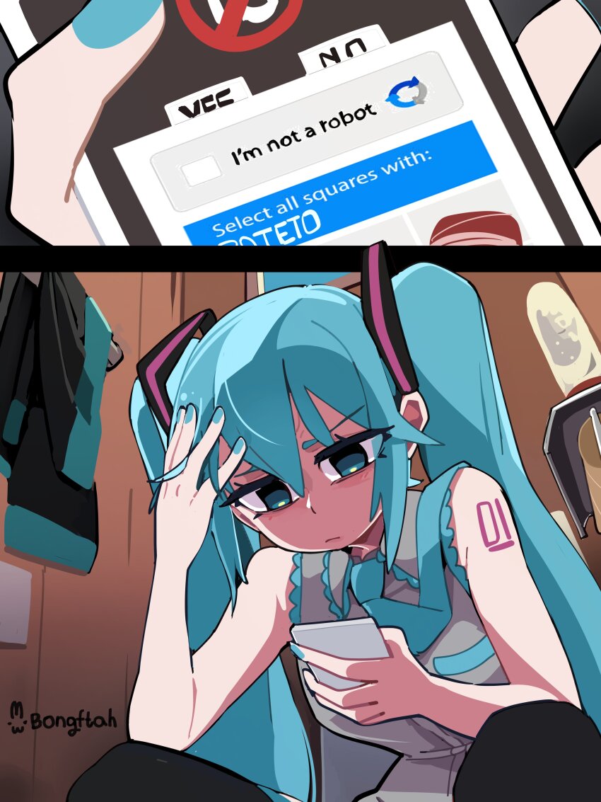 1girl, absurdres, bongftah, captcha, downcast_eyes, green_eyes, green_hair, hair_between_eyes, hair_ornament, hand_on_own_head, hatsune_miku, highres, holding, holding_phone, jacket, meme, nail_polish, necktie, phone, select_all_squares_(meme), sidelocks, sleeveless, twintails, vocaloid