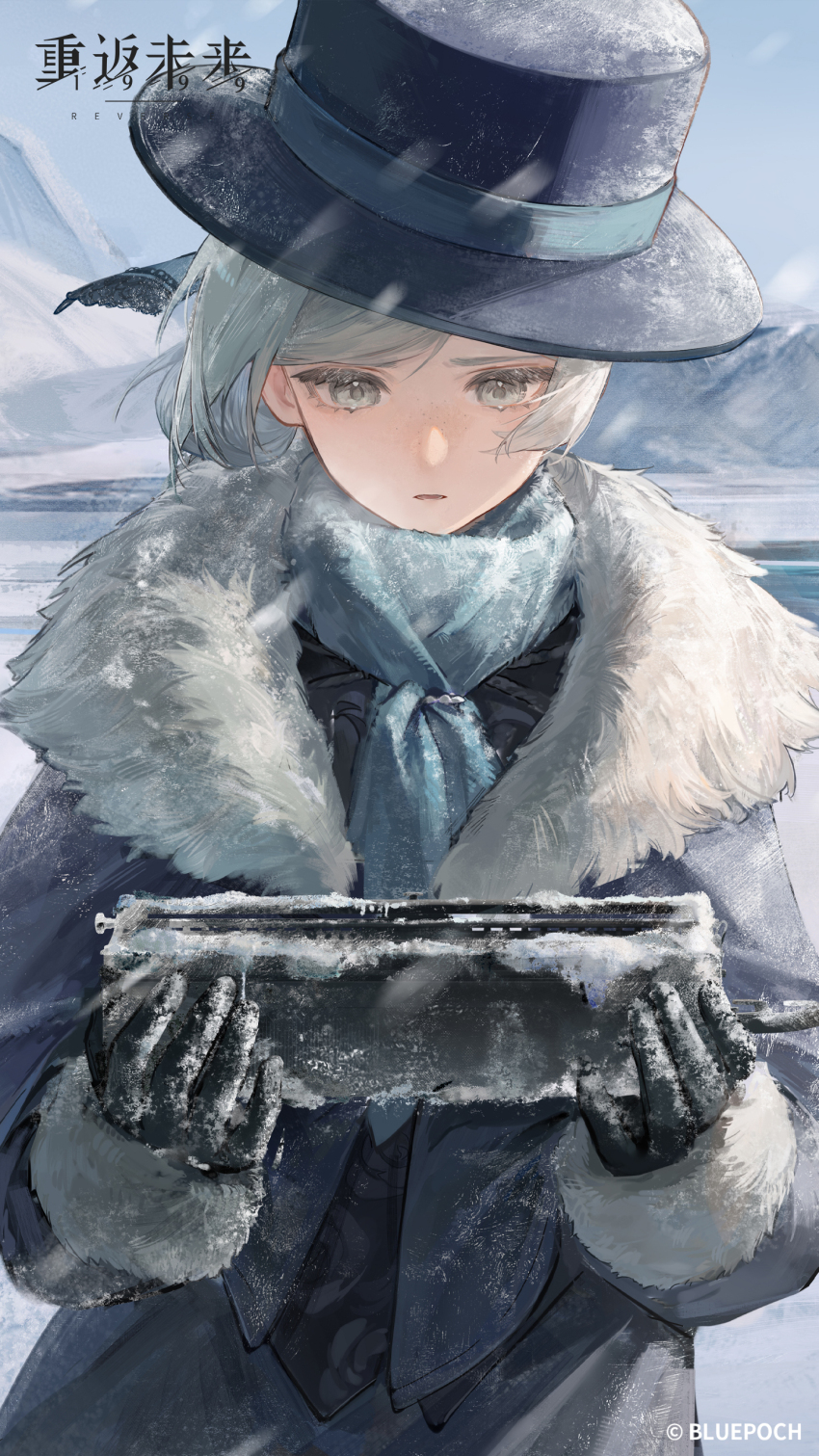 1girl, absurdres, black_coat, black_gloves, black_hat, blue_scarf, blue_sky, boater_hat, coat, copyright_name, copyright_notice, day, facing_viewer, fur-trimmed_coat, fur_trim, gloves, grey_hair, hair_bun, hands_up, hat, highres, holding, logo, looking_at_object, looking_down, mountain, official_alternate_costume, official_art, official_wallpaper, outdoors, reverse:1999, scarf, short_hair, single_side_bun, sky, snow, snowing, solo, upper_body, vertin_(reverse:1999), vertin_(winter)_(reverse:1999)