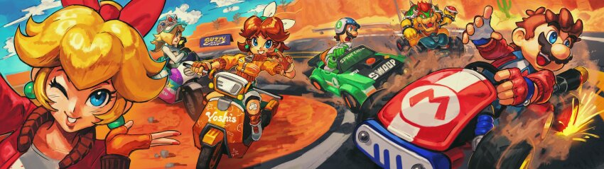 3boys, 3girls, absurdres, blonde_hair, bowser, brown_hair, drifting, facial_hair, fingerless_gloves, gloves, go-kart, highres, horns, jacket, kornart, luigi, luigi_(pro_racer), mario, mario_(series), mario_kart, mario_kart_world, moped, motor_vehicle, motorcycle, multiple_boys, multiple_girls, mustache, nintendo, official_alternate_costume, princess_daisy, princess_daisy_(touring), princess_peach, princess_peach_(touring), red_hair, road, rosalina, rosalina_(pro_racer)