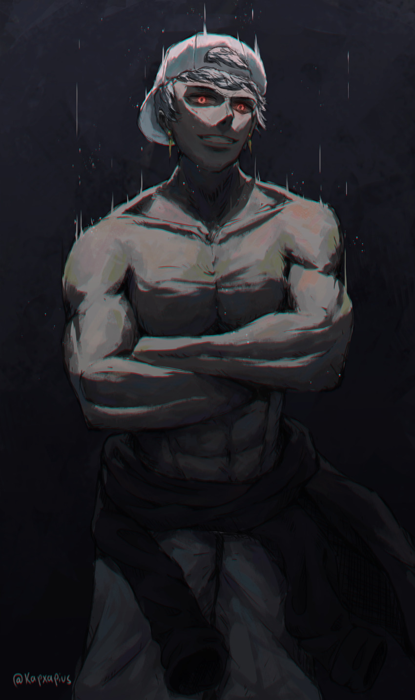 1boy, bare_arms, biceps, black_background, blonde_hair, crossed_arms, earrings, evil_grin