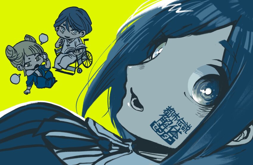 1boy, 2girls, blank_speech_bubble, book, chibi, collared_shirt, commentary_request, cone_hair_bun, copyright_name, diagonal_bangs, double_bun, facial_tattoo, fukurai_azami, hair_bun, highres, holding, holding_book, holding_phone, limited_palette, looking_at_viewer, meguriya_ayumu, multiple_girls, open_book, open_mouth, phone, shirasu111210, shirt, short_hair, simple_background, sitting, smile, speech_bubble, talking_on_phone, tattoo, jasmine_(toshi_densetsu_kaitai_center), toshi_densetsu_kaitai_center, translation_request, wheelchair, yellow_background