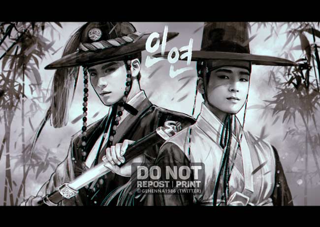 2boys, bamboo, bamboo_forest, closed_mouth, forest, gehenna1986, greyscale, hat