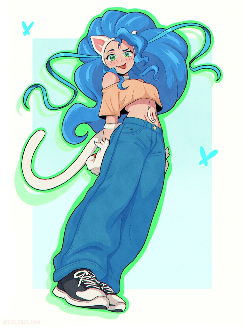 1girl, absurdres, animal_ear_hairband, animal_ears, animal_hands, aqua_background, aqua_butterfly, arms_behind_back