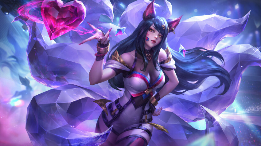 1girl, absurdres, ahri_(league_of_legends), animal_ears, bare_shoulders, black_hair, bracelet, breasts, cleavage, clothing_request, crystal_tail, diffraction_spikes, eyeshadow, facial_mark, fingernails, floating_gem, fox_ears, fox_girl, fox_tail, gem, hair_ornament, hand_on_own_hip, hand_up, headset, heart, heart-shaped_gem, heart_necklace, highres, idol, jewelry, k/da_(league_of_legends), k/da_ahri_(ahri-versary), large_breasts, league_of_legends, long_fingernails, long_hair, looking_at_viewer, magic, makeup, microphone, multiple_tails, nail_polish, necklace, official_alternate_costume, official_art, parted_lips, pink_nails, sharp_fingernails, smoke, solo, sparkle, stadium, stadium_lights, standing, swept_bangs, tail, thighhighs, whisker_markings, yellow_eyes