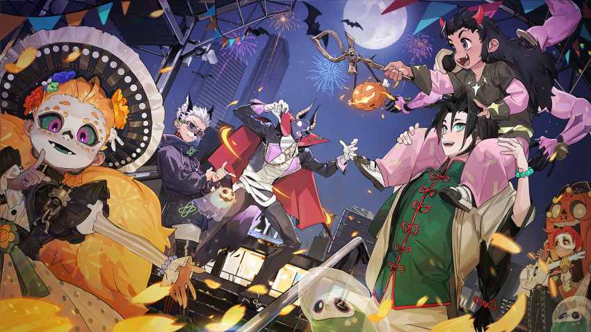 1girl, 5boys, aerial_fireworks, aged_down, animal_ears, ankh, archibald_(mictlantecutli)_(dislyte), artist_request, bat_(animal), cat_ears, city, closed_mouth, demon_horns, dislyte, drew_(anubis)_(dislyte), extra_arms, eye_mask, falling_petals, fangs, feng_xun_(fuxi)_(dislyte), fireworks, full_moon, furry, furry_male, ghost, guitar, halloween, halloween_costume, hat, highres, holding, holding_guitar, holding_instrument, horns, instrument, jack-o'-lantern, jackal_boy, jackal_ears, li_ling_(nezha), looking_at_another, looking_at_viewer, marigold, mask, mavis_(mictecacihuatl)_(dislyte), moon, multiple_boys, night, non-web_source, official_art, ollie_(osiris)_(dislyte), open_mouth, petals, sky, smile, sombrero, streamers, vampire_costume, whiskers