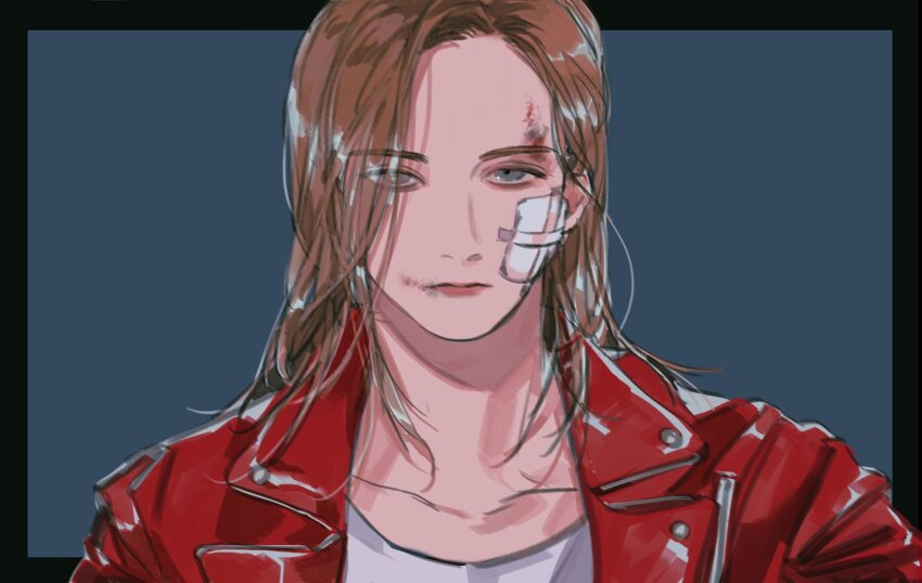 1boy, bandaid, bandaid_on_face, black_border, blood, blood_on_face, border, brown_hair, closed_mouth, commentary, jacket, jeonghan_(seventeen), k-pop, male_focus, medium_hair, pearl8, real_life, red_jacket, seventeen_(group), shirt, simple_background, single_bang, solo, song_name, white_shirt
