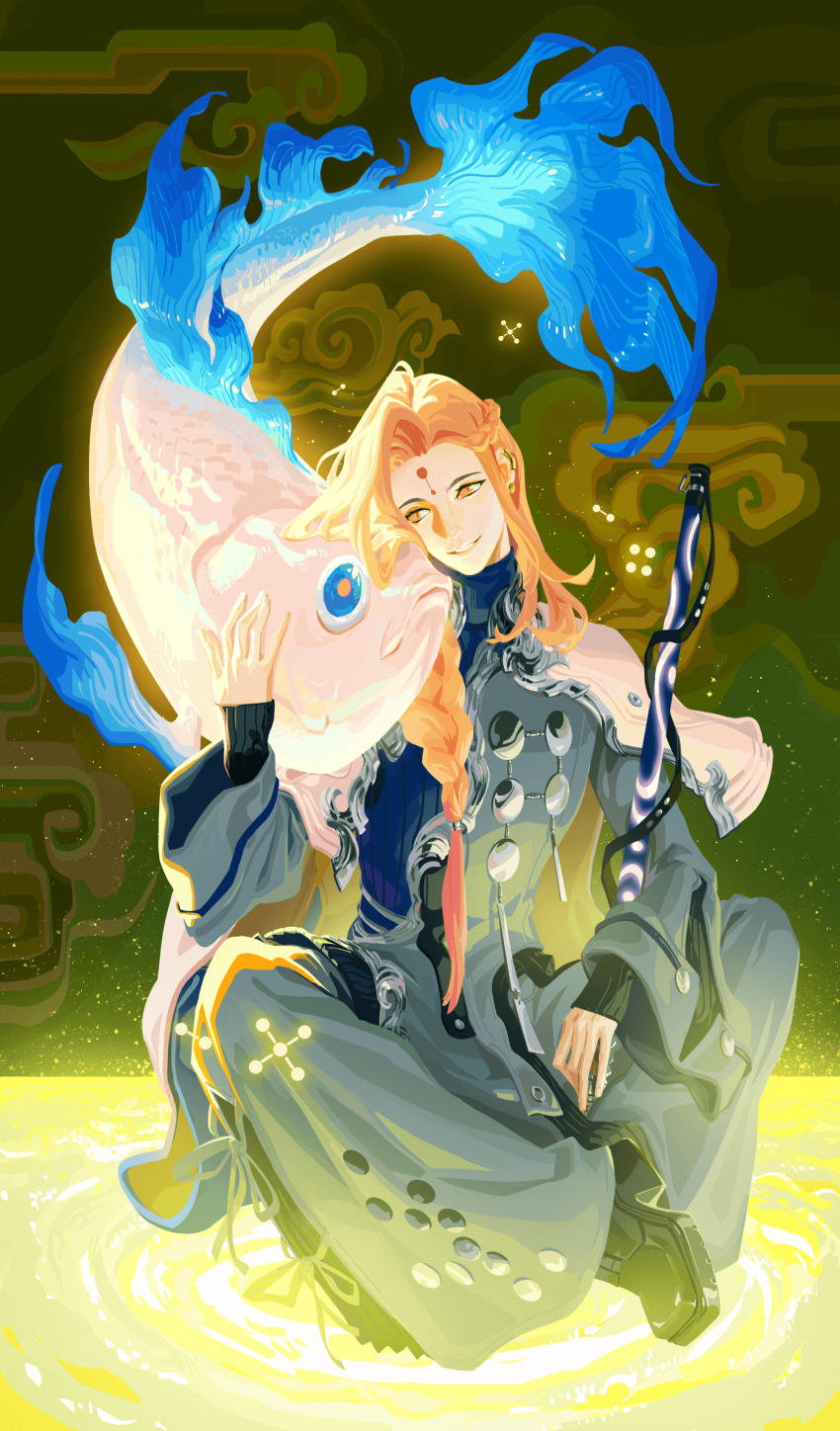 1boy, absurdres, artist_request, black_boots, boots, dislyte, fish, highres