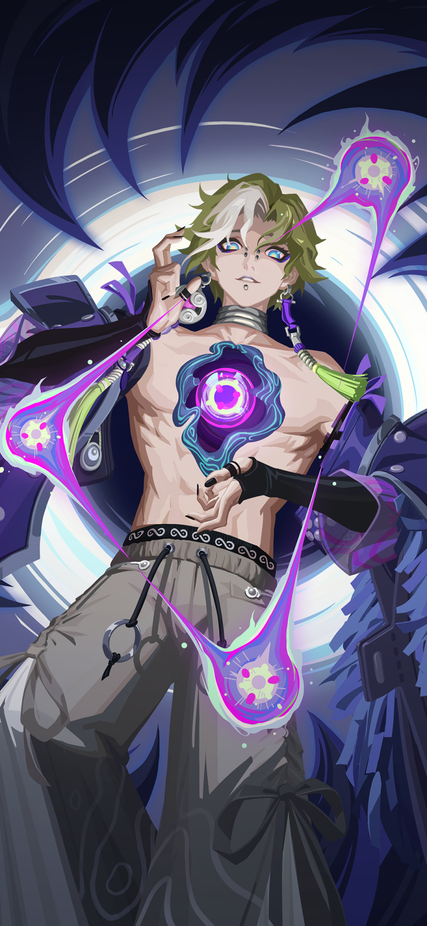 1boy, abs, artist_request, chu_yao_(taiyi)_(dislyte), detached_sleeves, dislyte, earrings, fingerless_gloves, gloves, highres, jewelry, looking_at_viewer, male_focus, multicolored_hair, muscular, muscular_male, non-web_source, official_art, pectorals, smile, topless_male