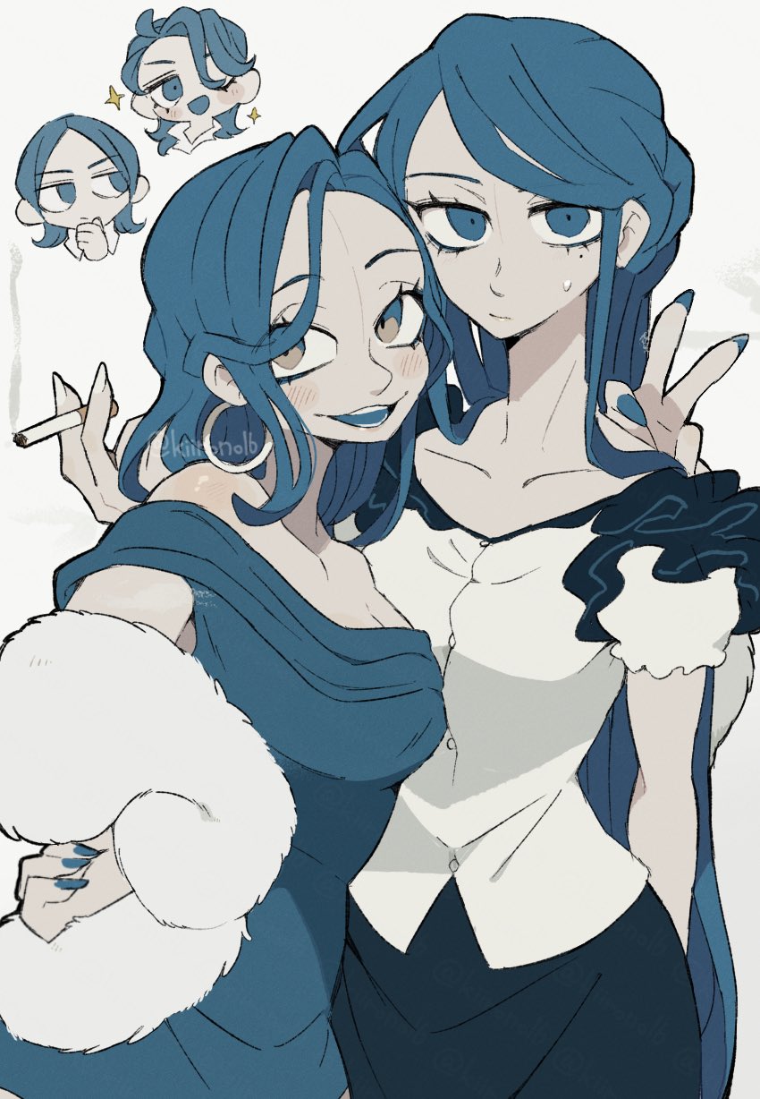 2boys, 2girls, aika_(toshi_densetsu_kaitai_center), bare_shoulders, between_fingers, breasts, chibi, cigarette, cleavage, closed_mouth, collarbone, commentary_request, cowboy_shot, dress, earrings, expressionless, fur_scarf, highres, holding, holding_cigarette, hoop_earrings, jewelry, kiirono, kurosawa_yuya, limited_palette, long_hair, looking_at_viewer, mayusaki_jun, mole, mole_under_eye, multiple_boys, multiple_girls, nail_polish, one_eye_closed, open_mouth, puffy_short_sleeves, puffy_sleeves, rina_(toshi_densetsu_kaitai_center), shirt, short_hair, short_sleeves, simple_background, skirt, smile, smoke, smoking, sparkle, standing, sweatdrop, toshi_densetsu_kaitai_center, v, white_background