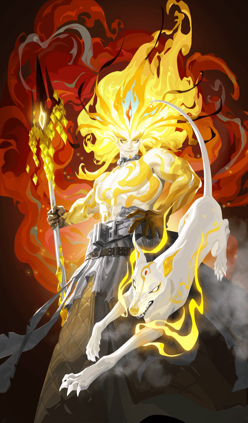 1boy, absurdres, artist_request, closed_mouth, colored_skin, dislyte, dog, fiery_hair