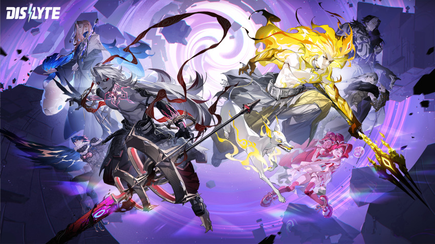 2girls, 5boys, abs, artist_request, bara, bi_tao_(shen_gongbao)_(dislyte), bird_wings, bubble