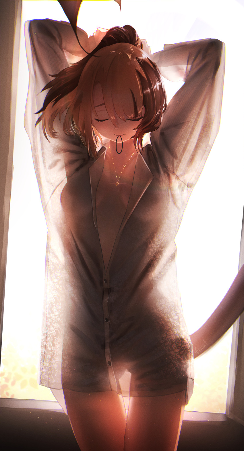 1girl, absurdres, ahoge, alternate_costume, arms_up, breasts, brown_hair, closed_eyes, commentary, cowboy_shot, floomf, gigi_murin, gluteal_fold, hair_between_eyes, hair_tie_in_mouth, highres, hololive, hololive_english, huge_ahoge, jewelry, long_sleeves, medium_breasts, mouth_hold, multicolored_hair, naked_shirt, necklace, oversized_clothes, oversized_shirt, partially_unbuttoned, ponytail, see-through_clothes, see-through_shirt, see-through_silhouette, shirt, solo, tail, thigh_gap, two-tone_hair, tying_hair, virtual_youtuber