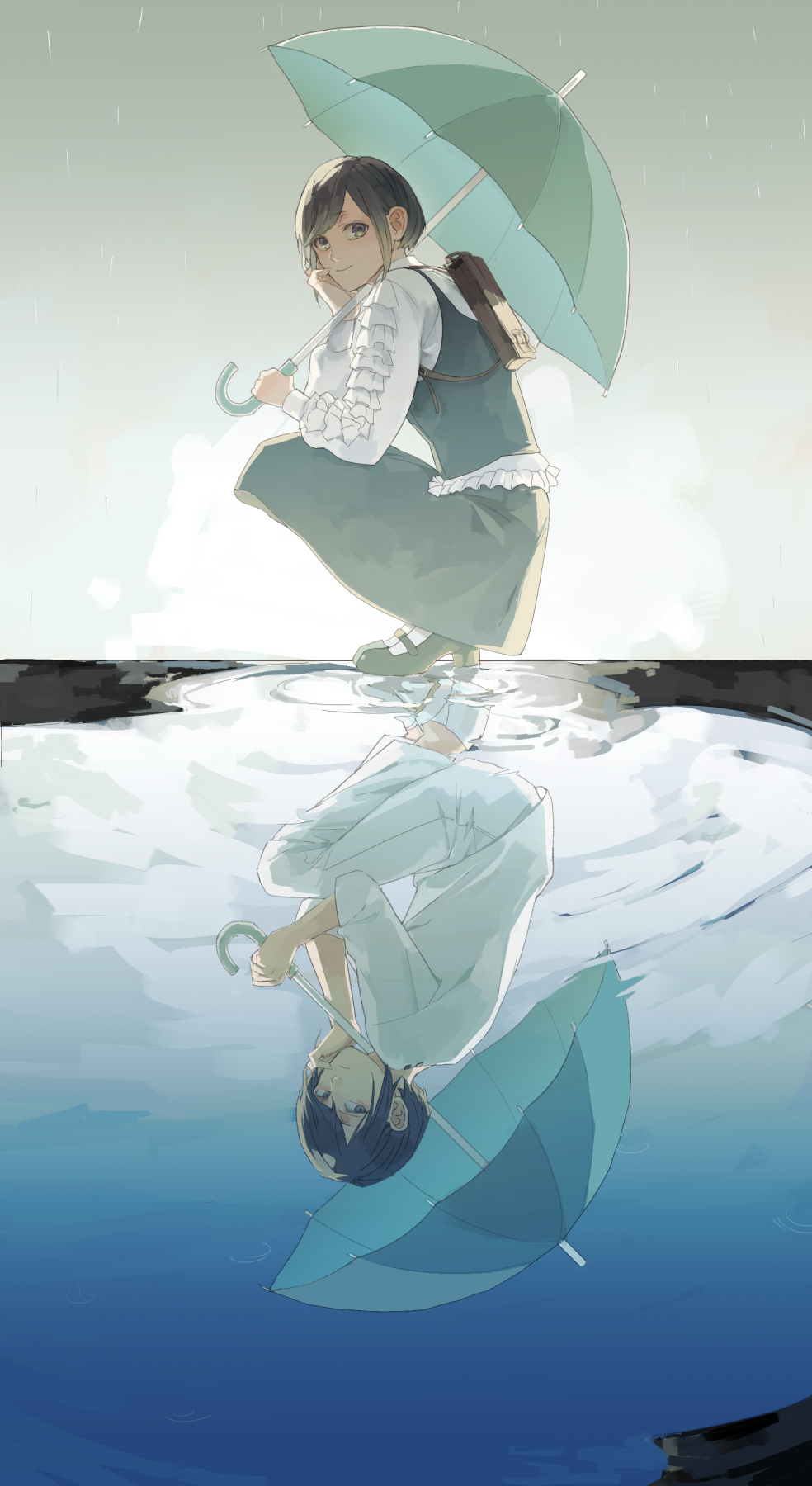 1girl, backpack, bag, black_hair, blue_shirt, brown_bag, closed_mouth, collared_shirt