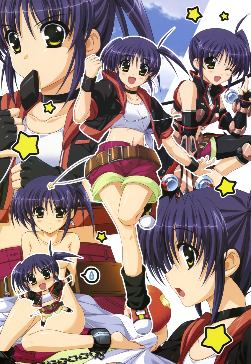 00s, 1girl, absurdres, arms_behind_back, barefoot, belt, blue_hair, censored