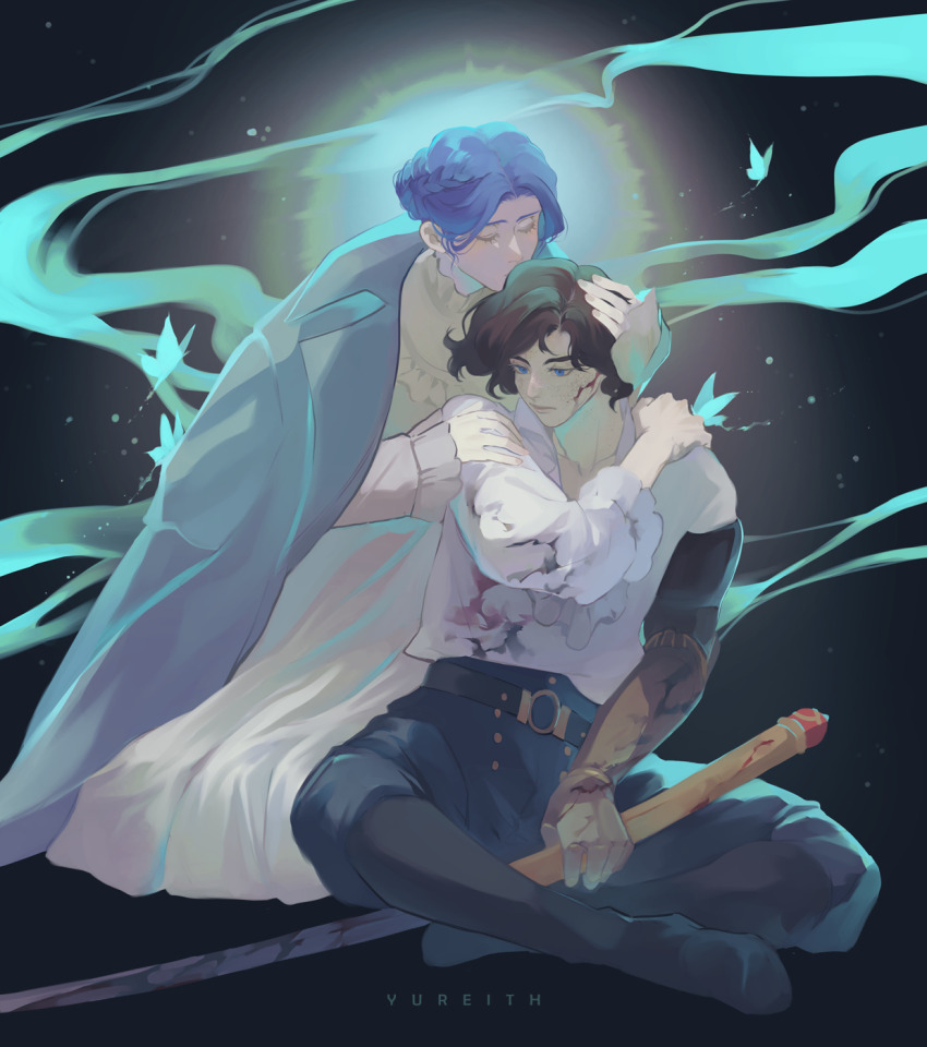 1boy, 1girl, artist_name, ascot, belt, black_belt, black_hair, blood