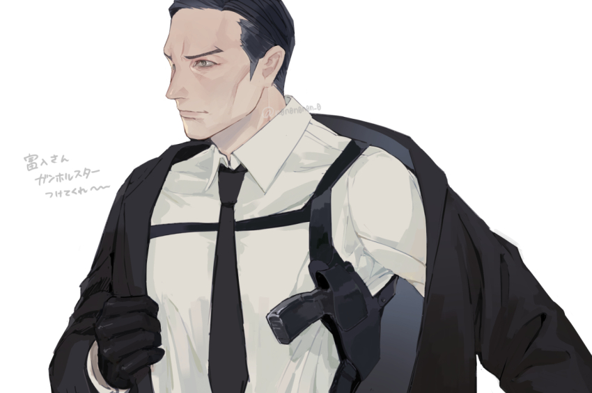 1boy, adjusting_clothes, black_gloves, black_hair, black_jacket, black_necktie, chest_harness, closed_mouth