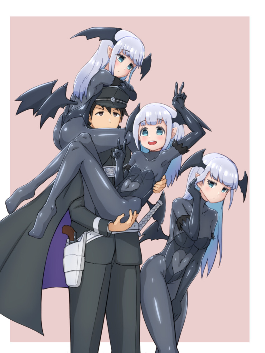 2boy, 2girls, aharen-san_wa_hakarenai, aharen_eru, aharen_reina, aharen_ren, backless_outfit, black_bodysuit, black_cloak, black_hair, blue_eyes, bodysuit, breasts, brown_eyes, carrying, cloak, cosplay, covered_navel, demon_costume, demon_girl, demon_wings, devil_summoner:_raidou_kuzunoha_vs_the_soulless_army, devil_summoner_(series), double_v, elbow_gloves, fake_wings, fur_trim, gloves, grey_hair, hat, head_wings, highres, holster, kuzunoha_raidou, kuzunoha_raidou_(cosplay), latex, latex_bodysuit, leotard, long_hair, matsuboshi_raidou, medium_breasts, multiple_girls, pointy_ears, princess_carry, sachisuki_gyoko, sheath, sheathed, sitting_on_shoulder, skin_tight, small_breasts, strapless, strapless_leotard, sword, teeth, trap, upper_teeth_only, v, weapon, wings