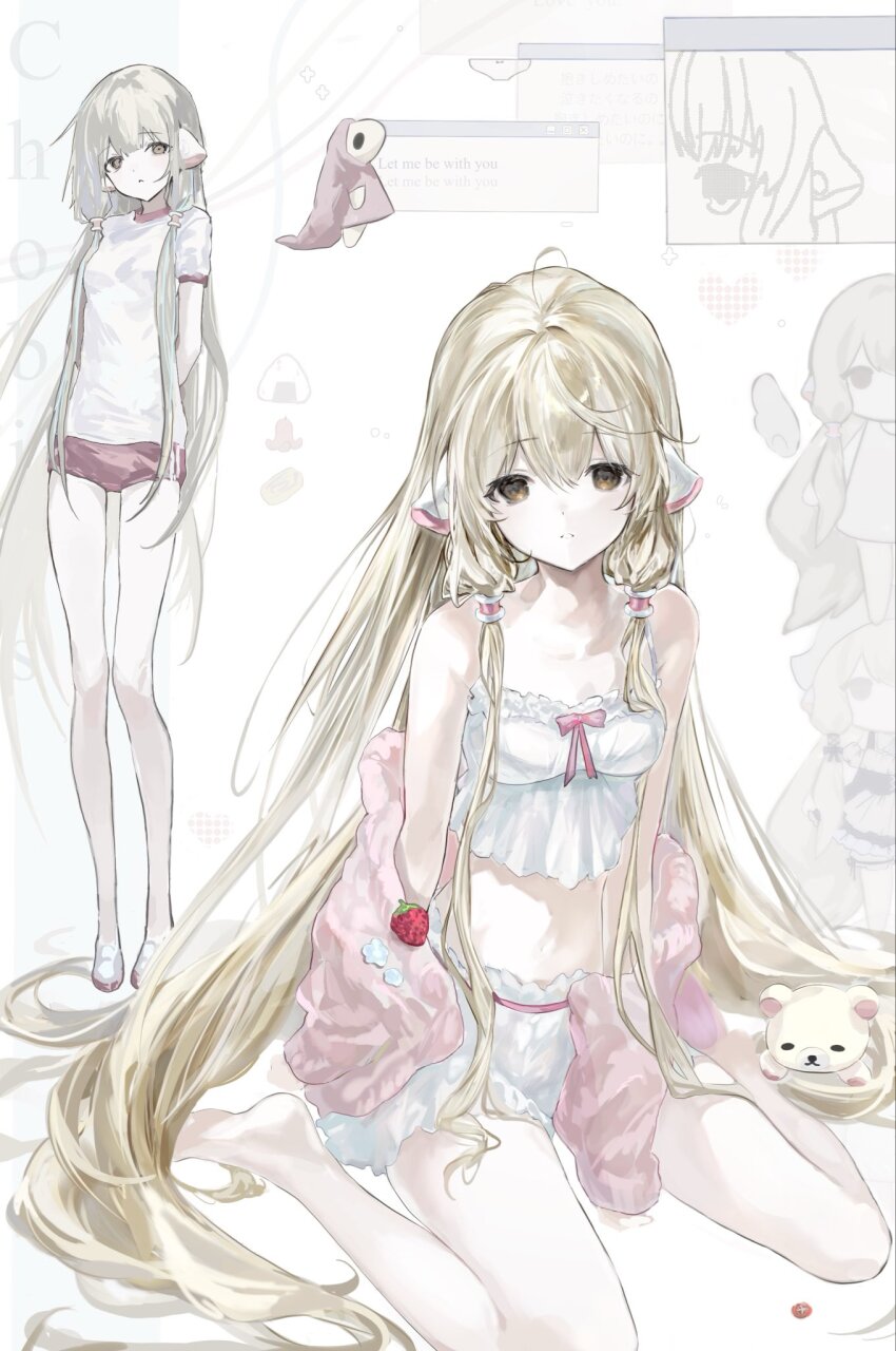 1girl, android, arms_behind_back, barefoot, blonde_hair, bloomers, bow, brown_eyes, buruma, camisole, chii, chobits, commentary_request, feet, frilled_camisole, frills, full_body, gym_uniform, hair_tubes, highres, korilakkuma, long_hair, looking_at_viewer, multiple_views, parted_lips, persocom_(chobits), pink_bow, red_buruma, robot_ears, san-x, shirt, short_sleeves, sitting, standing, stuffed_animal, stuffed_toy, thighs, toqha3247, underwear, very_long_hair, wariza, white_background, white_bloomers, white_camisole, white_shirt, window_(computing)
