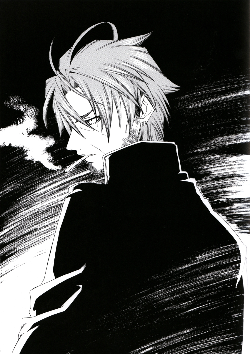 1boy, absurdres, earrings, highres, jewelry, male_focus, monochrome, mother_keeper