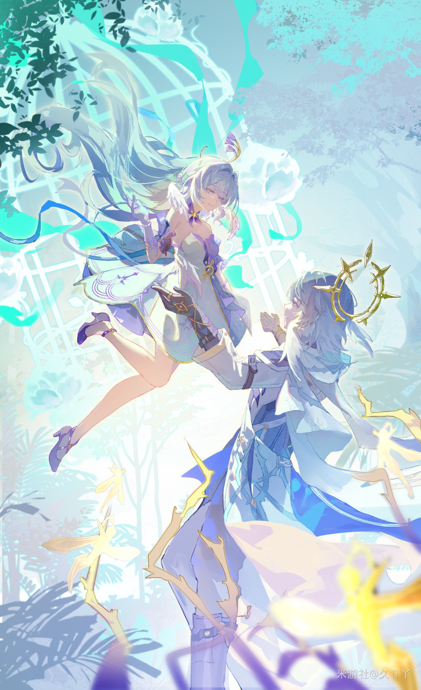 1boy, 1girl, absurdres, black_gloves, blue_hair, brother_and_sister, dress, earrings, feathered_wings, gloves, halo, halo_behind_head, head_wings, high_heels, highres, honkai:_star_rail, honkai_(series), jewelry, jiuhuaya, long_hair, robin_(honkai:_star_rail), siblings, smile, sunday_(honkai:_star_rail), watermark, white_gloves, white_wings, wings