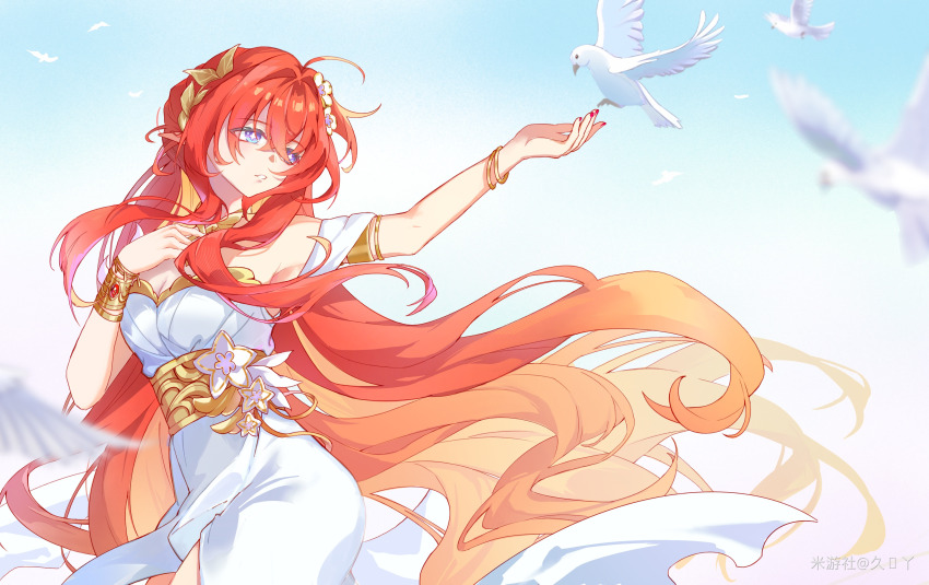 1girl, absurdres, ancient_greek_clothes, bare_shoulders, bird, blue_eyes, bracelet, cross-shaped_pupils