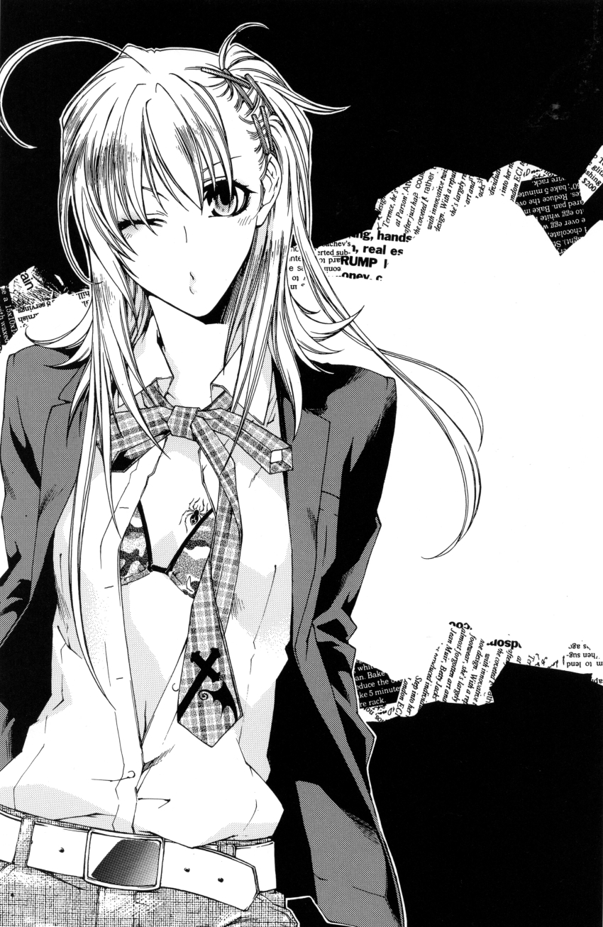 1girl, absurdres, ahoge, belt, bikini, bikini_top_only, female_focus, greyscale