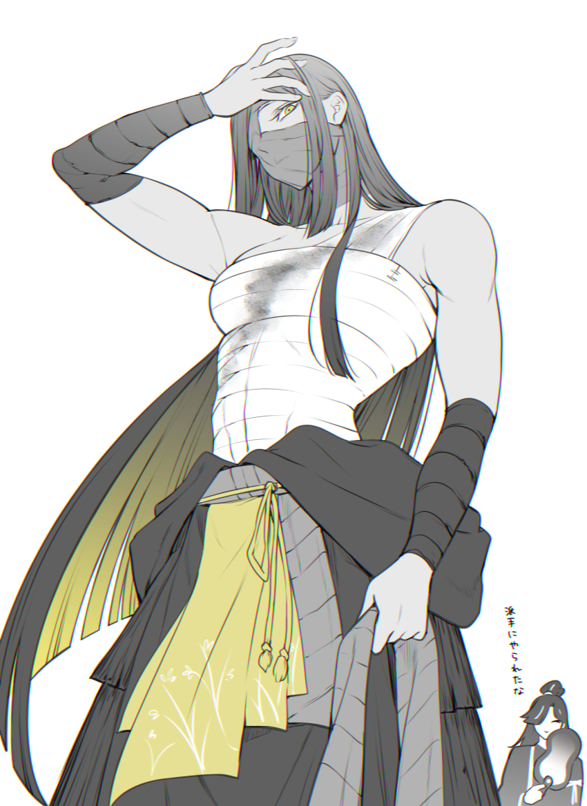 2girls, bandage_over_one_eye, bandaged_head, bandages, bandages_over_mouth, black_hair, blonde_hair, blood, blood_on_clothes, bloody_bandages, breasts, closed_eyes, colored_inner_hair, covered_mouth, dark-skinned_female, dark_skin, floral_print, greyscale, hand_fan, highres, holding, holding_fan, limbus_company, long_hair, looking_at_viewer, maki_maki_(makimakipoipoi), medium_breasts, monochrome, multicolored_hair, multiple_girls, one_eye_covered, partially_colored, project_moon, simple_background, white_background, yellow_eyes, zigong_(project_moon), zilu_(project_moon)