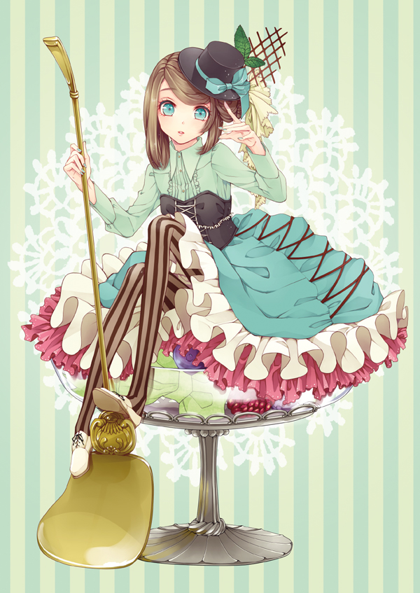 1girl, blue_eyes, brown_hair, dress, female_focus, food, hat, ice_cream