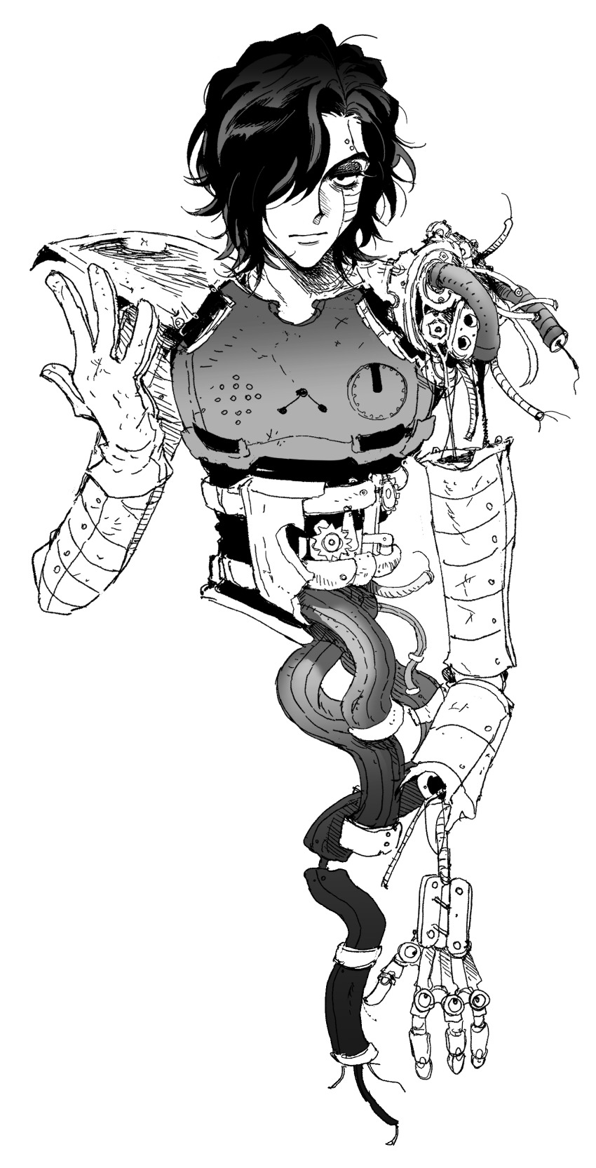 1boy, absurdres, android, bandage_player, black_hair, broken_cable, cable, greyscale