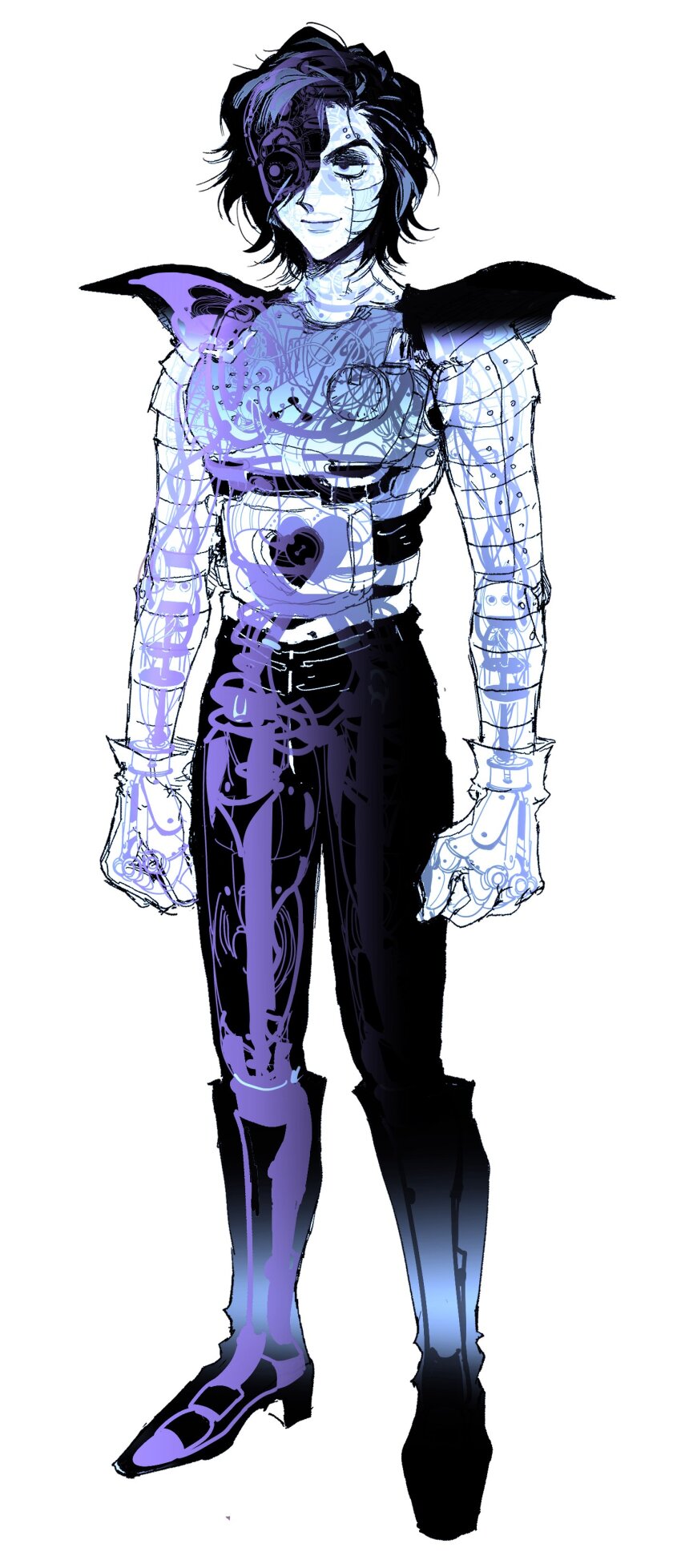 1boy, absurdres, android, bandage_player, black_hair, cable, full_body, hair_over_one_eye