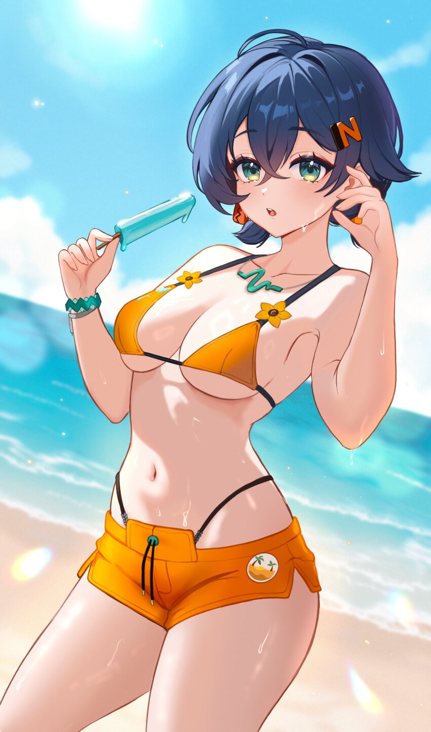 1girl, absurdres, aki_hoshino, beach, belle_(summer_skies)_(zenless_zone_zero), belle_(zenless_zone_zero), bikini, bikini_shorts