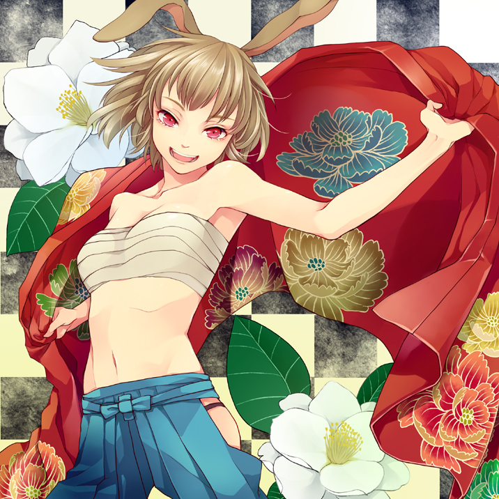 1girl, :d, animal_ears, bandages, brown_hair, checkered_background, female_focus, flower