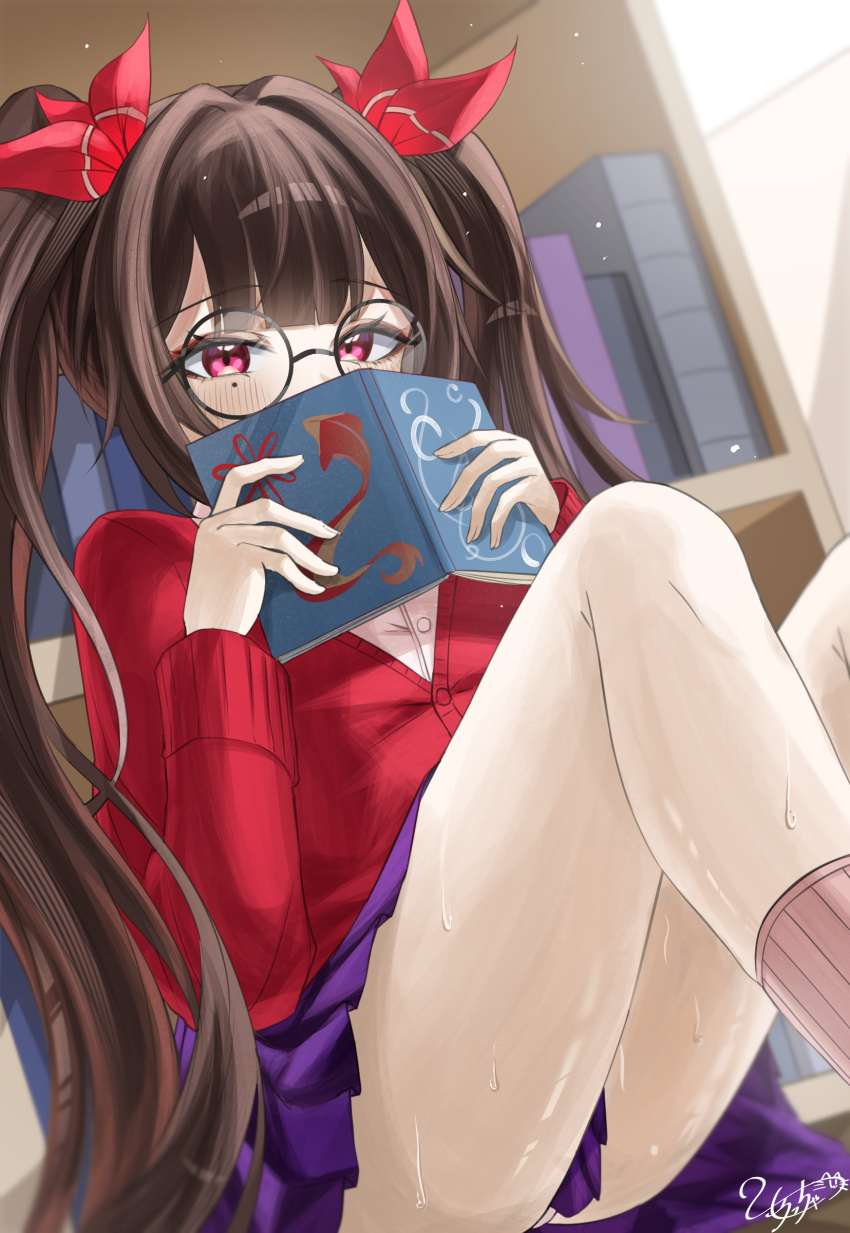 1girl, absurdres, alternate_costume, book, bookshelf, brown_hair, commentary_request, glasses
