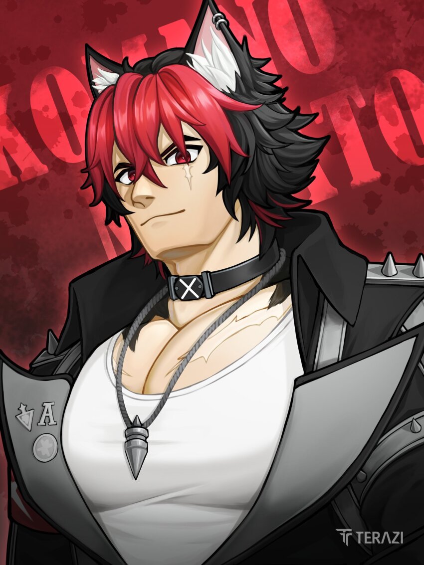 1boy, animal_ears, black_choker, black_jacket, choker, dog_boy, ear_piercing, highres