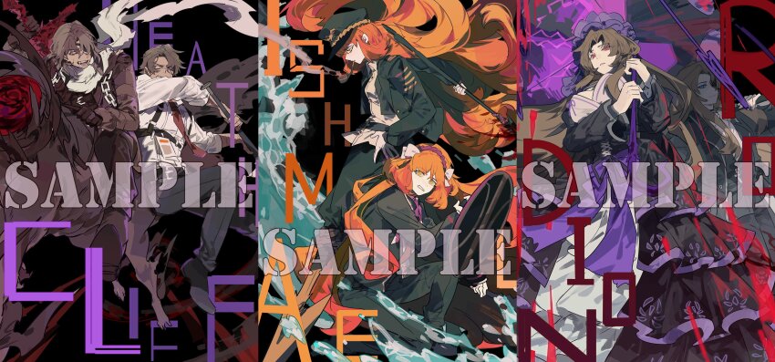 2boys, 4girls, absurdres, baseball_bat, beard_stubble, belt, black_background, black_coat