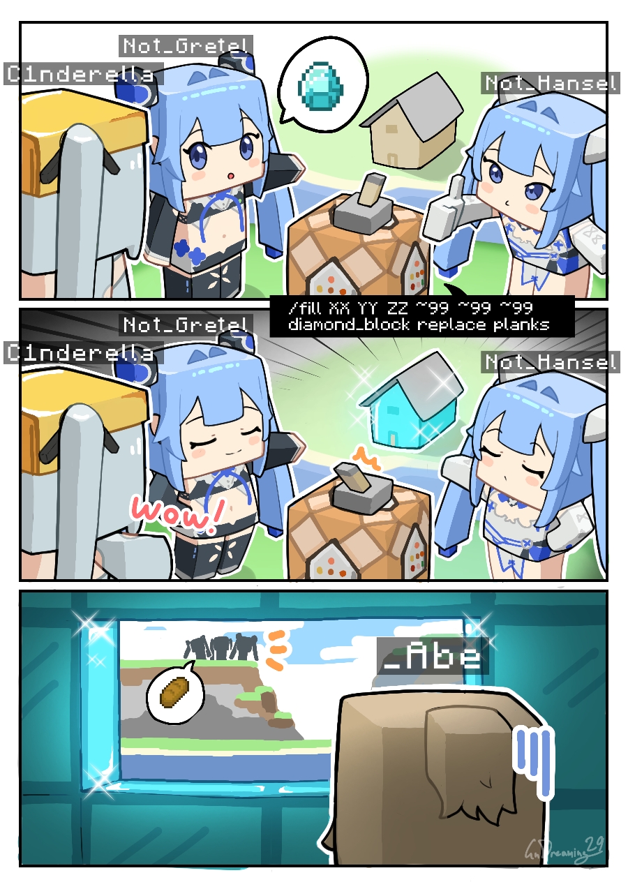 4girls, abe_(nikke), block_(minecraft), block_(object), blonde_hair, blue_eyes, blue_hair, blush, bodysuit, breasts, cinderella_(nikke), cleavage, clothing_cutout, command_block, command_input, diamond_(gemstone), diamond_(minecraft), dress, flower-shaped_hair, folded_hair, gloves, goddess_of_victory:_nikke, gretel_(nikke), hair_intakes, hansel_(nikke), highres, isometric, long_hair, looking_at_viewer, minecraft, minecraft_(style), multiple_girls, navel, old_tales_(nikke), open_mouth, ponytail, pouch, ribbed_shrug, shrug_(clothing), siblings, smile, twins, twintails, undreaming, very_long_hair, white_bodysuit, white_hair