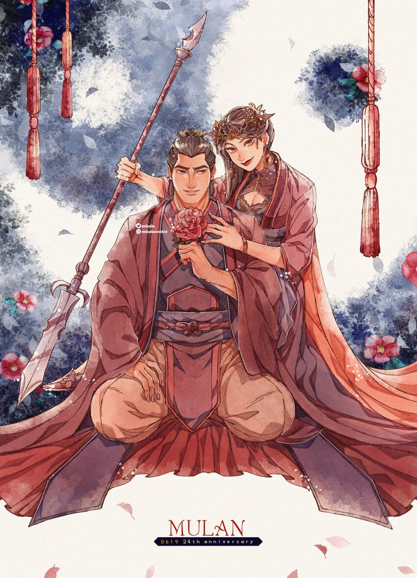 1boy, 1girl, absurdres, anniversary, black_hair, brown_eyes, character_request, chinese_clothes