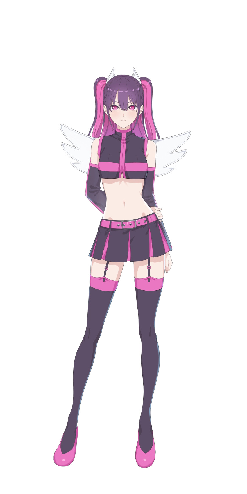 1girl, 2.5_jigen_no_ririsa, 2.5_jigen_no_ririsa_tenshitachi_no_stage, absurdres, arm_behind_back, bare_shoulders, belt, black_garter_straps