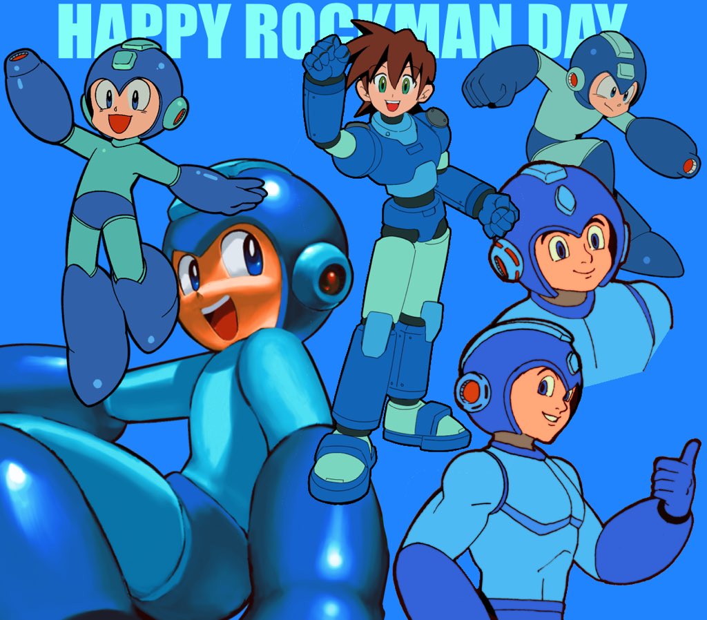 3boys, arm_cannon, armor, blue_armor, blue_background, blue_eyes, blue_helmet, cowboy_shot