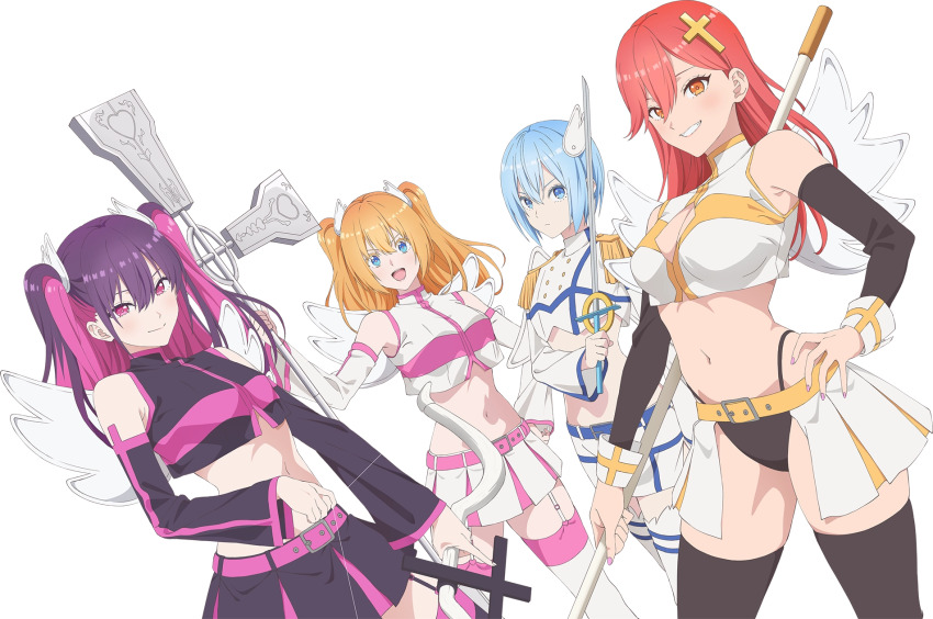 2.5_jigen_no_ririsa, 2.5_jigen_no_ririsa_tenshitachi_no_stage, 4girls, :d, amano_ririsa, anime_coloring, ariel_(2.5_jigen_no_ririsa), ariel_(2.5_jigen_no_ririsa)_(cosplay), black_hair, black_panties, black_skirt, black_sleeves, black_thighhighs, blonde_hair, blue_eyes, breasts, cleavage, cleavage_cutout, closed_mouth, clothing_cutout, colored_inner_hair, cosplay, crop_top, cropped_shirt, cross_hair_ornament, detached_sleeves, dutch_angle, flat_chest, garter_straps, grin, hair_between_eyes, hair_ornament, half-closed_eyes, hand_on_own_hip, head_wings, highleg, highleg_panties, highres, holding, holding_polearm, holding_sword, holding_weapon, key_visual, kisaki_aria, large_breasts, legs_apart, light_frown, liliel_(2.5_jigen_no_ririsa), liliel_(2.5_jigen_no_ririsa)_(cosplay), long_hair, long_sleeves, miniskirt, miriella_(2.5_jigen_no_ririsa), miriella_(2.5_jigen_no_ririsa)_(cosplay), multicolored_hair, multiple_girls, navel, nokiel_(2.5_jigen_no_ririsa), nokiel_(2.5_jigen_no_ririsa)_(cosplay), nonoa_(2.5_jigen_no_ririsa), official_art, open_mouth, orange_eyes, panties, pink_eyes, pink_hair, pleated_skirt, polearm, promotional_art, red_hair, shirt, short_hair, showgirl_skirt, simple_background, skirt, sleeveless, sleeveless_shirt, small_breasts, smile, split_mouth, standing, stomach, sword, tachibana_mikari, thighhighs, transparent_background, two_side_up, underwear, v-shaped_eyebrows, weapon, webp-to-png_conversion, white_skirt, white_sleeves, white_thighhighs, wings