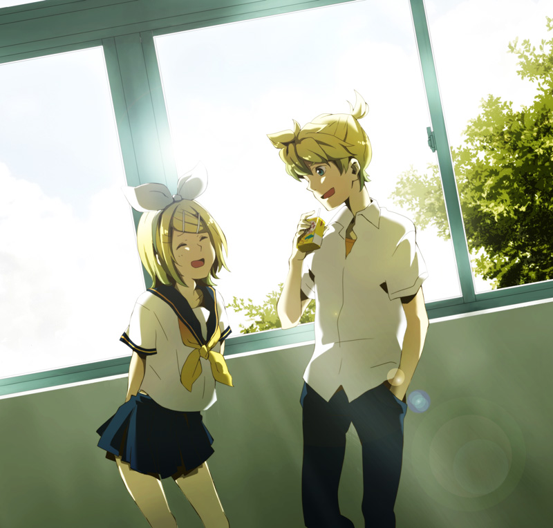 1boy, 1girl, blonde_hair, brother_and_sister, hair_ornament, hair_ribbon, hairclip, kagamine_len, kagamine_rin, lens_flare, planaria_(boboiboi), ribbon, school_uniform, serafuku, short_hair, siblings, skirt, smile, twins, vocaloid