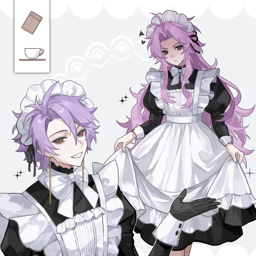 2boys, absurdres, alternate_costume, angry, antenna_hair, apron, black_dress, black_gloves, black_ribbon, bow, bowtie, chinese_commentary, closed_mouth, commentary_request, crossdressing, crossdressing_(mtf), curtained_hair, dress, earrings, enmaided, frown, gloves, grey_background, grin, hair_ribbon, haoe_(157876), hatsutori_hajime, highres, jewelry, long_hair, long_sleeves, maid, maid_apron, maid_headdress, male_focus, male_maid, multiple_boys, parted_bangs, pink_hair, purple_hair, red_eyes, ribbon, saibou_shinkyoku, short_hair, sidelocks, smile, sparkle, squiggle, theodore_riddle, trap, very_long_hair, white_apron, white_bow, white_bowtie