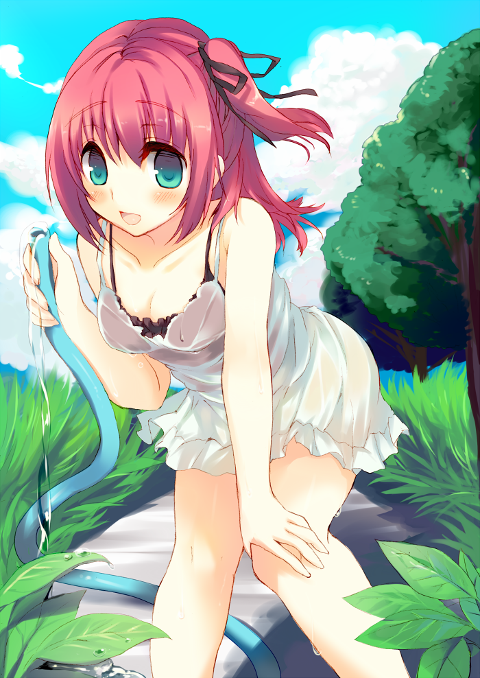 1girl, bad_id, bad_pixiv_id, blush, bow, bra, breasts, dress