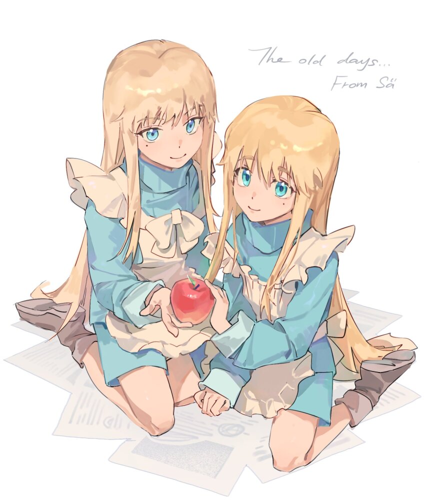 2boys, aged_down, apple, apron, blonde_hair, blue_eyes, bow, brothers, brown_shoes, child, collared_jacket, crossdressing, crossdressing_(mtf), english_text, food, frills, fruit, green_jacket, highres, holding, holding_food, holding_fruit, jacket, long_hair, maid_apron, male_focus, millions_knives, mole, mole_under_eye, multiple_boys, paper, sasuke72806332, seiza, shoes, siblings, simple_background, sitting, trap, trigun, twins, vash_the_stampede, white_background, white_bow