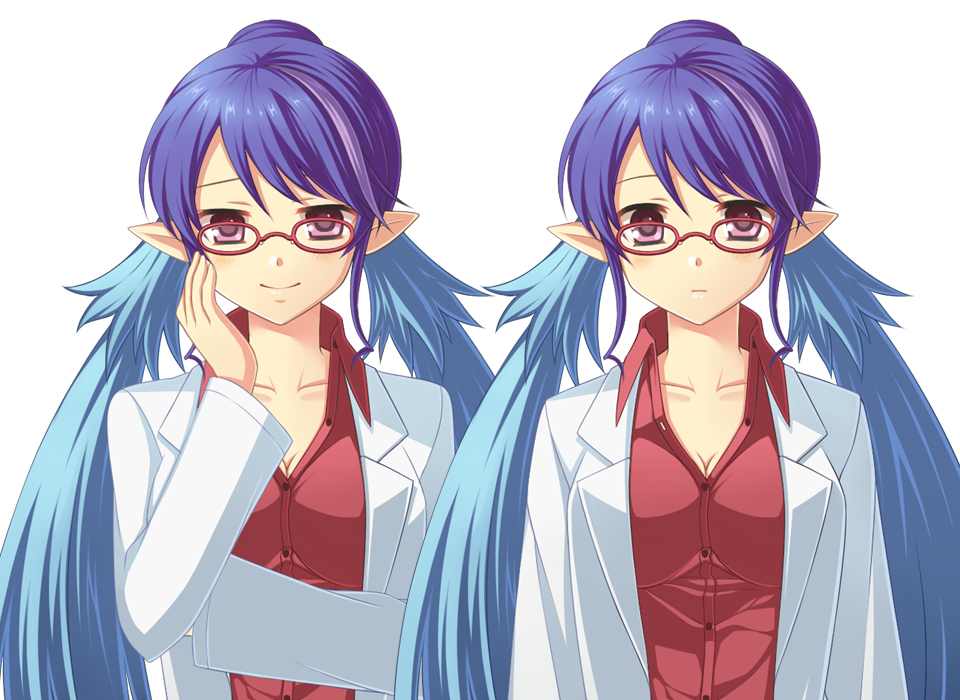 00s, 1girl, ayamisiro, blue_hair, breasts, contemporary, dual_persona, female_focus, glasses, hair_bun, judith_(school_nurse)_(tales), judith_(tales), lab_coat, long_hair, multiple_expressions, official_alternate_costume, pointy_ears, single_hair_bun, smile, solo, tales_of_(series), tales_of_vesperia, twintails