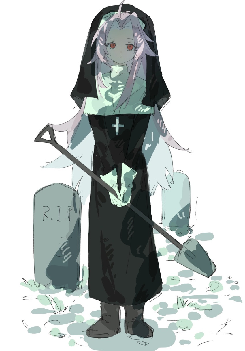 1boy, alternate_costume, black_dress, boots, brown_boots, capelet, chinese_commentary, closed_mouth, commentary_request, cross, cross_necklace, crossdressing, crossdressing_(mtf), curtained_hair, dress, expressionless, full_body, gloves, hatsutori_hajime, highres, holding, holding_shovel, jewelry, liningne, long_hair, long_sleeves, male_focus, necklace, nun, parted_bangs, pink_hair, red_eyes, saibou_shinkyoku, shovel, sidelocks, solo, tombstone, traditional_nun, trap, veil, white_capelet, white_gloves
