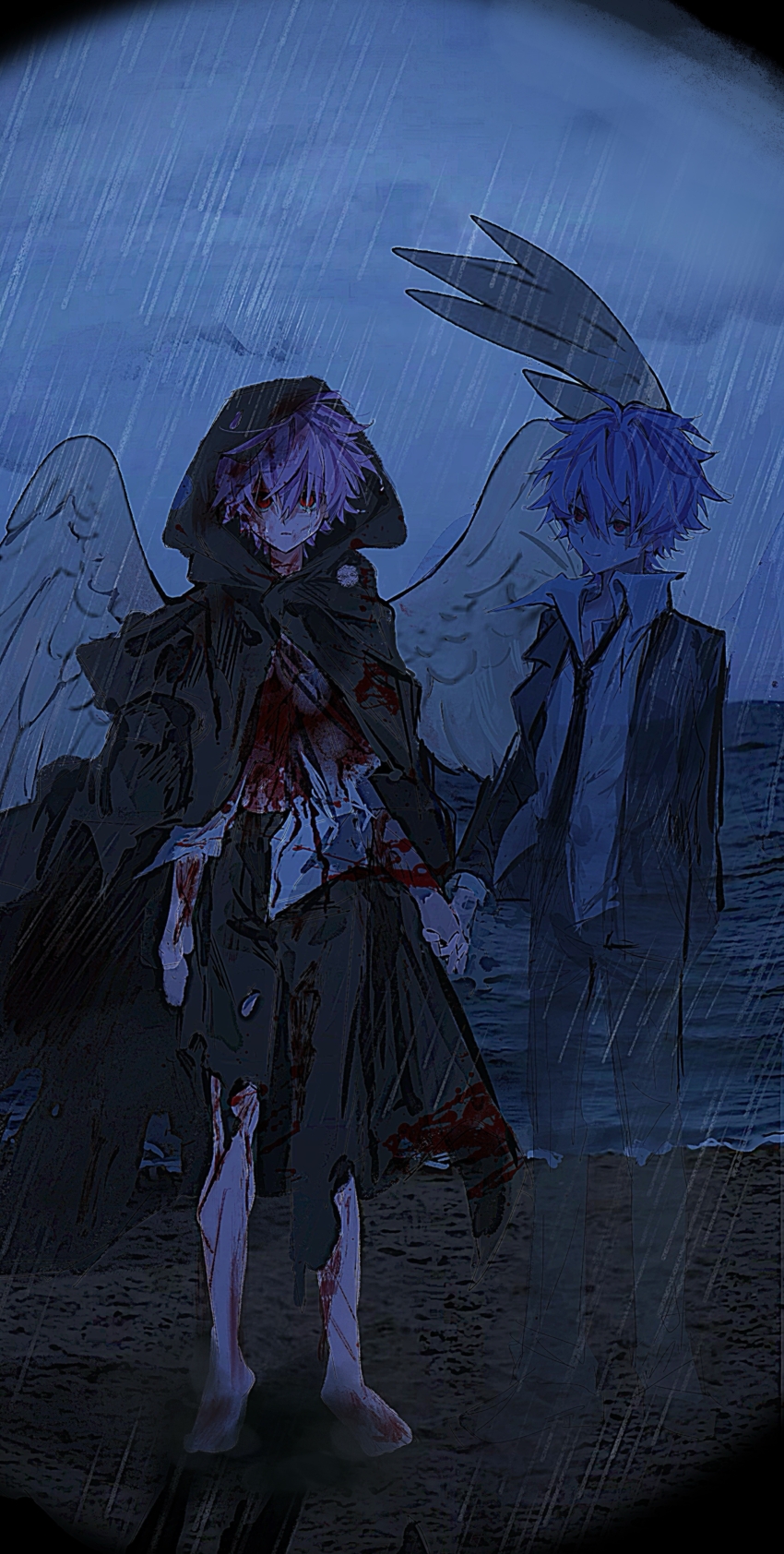 2boys, absurdres, barefoot, black_cloak, black_jacket, black_pants, blood, blood_on_clothes, blood_on_face, blood_on_leg, bushuguchuandilongshu57713, chinese_commentary, cloak, closed_mouth, collared_shirt, commentary_request, dual_persona, expressionless, highres, hood, hood_up, hooded_cloak, jacket, long_sleeves, male_focus, multiple_boys, night, open_clothes, open_jacket, outdoors, pants, purple_hair, rain, red_eyes, saibou_shinkyoku, shirt, shore, short_hair, smile, theodore_riddle, torn_clothes, torn_pants, white_shirt, white_wings, wings