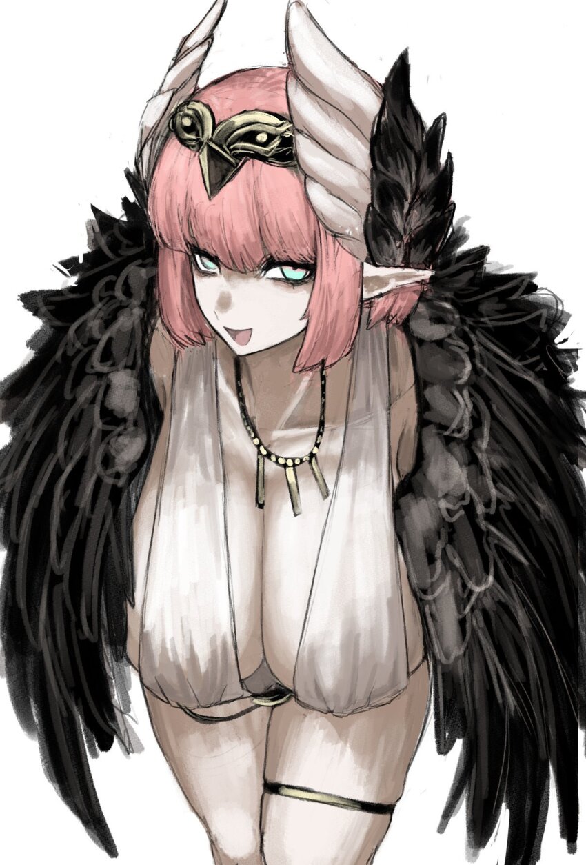 1girl, alternate_breast_size_(larger), aqua_eyes, bird_wings, black_wings, bob_cut, breasts, circe_(fate), circe_(first_ascension)_(fate), cleavage, collarbone, fate/grand_order, fate_(series), hanging_breasts, head_wings, highres, huge_breasts, jewelry, leaning_forward, looking_at_viewer, maabo_harusame, medium_hair, multicolored_eyes, necklace, open_mouth, pale_skin, pink_eyes, pink_hair, pointy_ears, shirt, simple_background, smile, solo, thigh_strap, thighs, tiara, two-tone_eyes, white_background, white_shirt, white_wings, wings