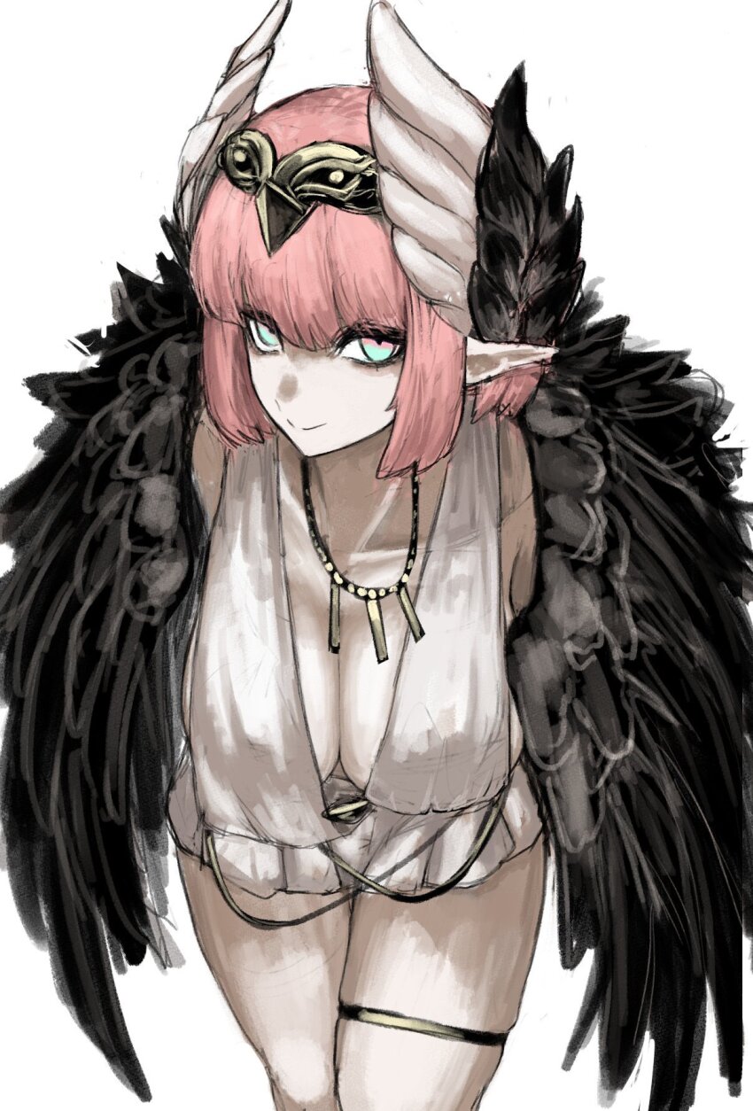 1girl, aqua_eyes, bird_wings, black_wings, bob_cut, breasts, circe_(fate), circe_(first_ascension)_(fate)